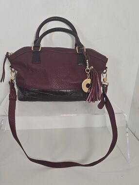 Isaac Mizrahi Burgundy and Dark Brown Leather Satchel with Tassel Charm